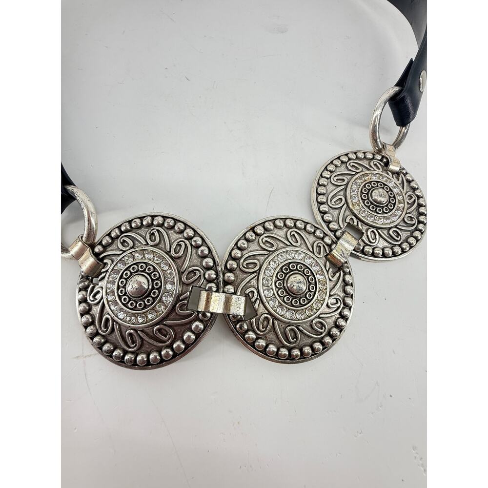 Chicos Silver Medallion Rhinestone Statement Belt Black Leather Boho Size S M - Picture 3 of 7